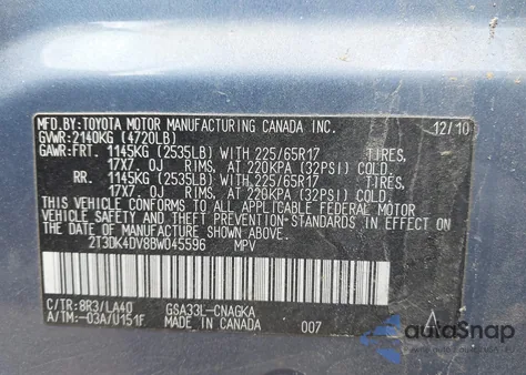 2011 Toyota Rav4 Limited V6 from USA, damaged, VIN 2T3DK4DV8BW045596